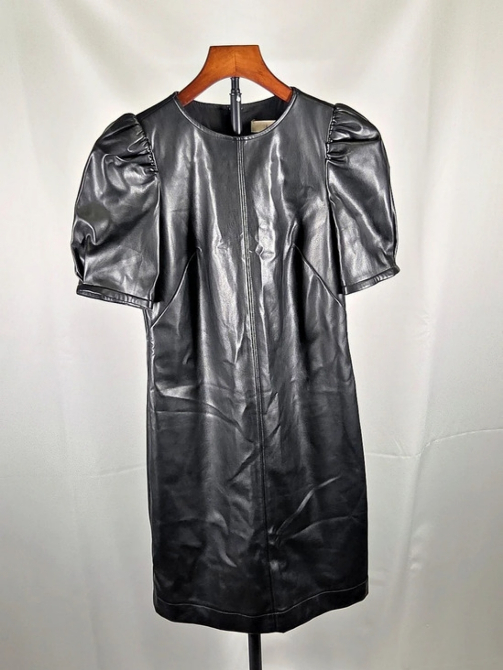 LOFT Black Faux Leather Puff Sleeve Shift Dress Black Small